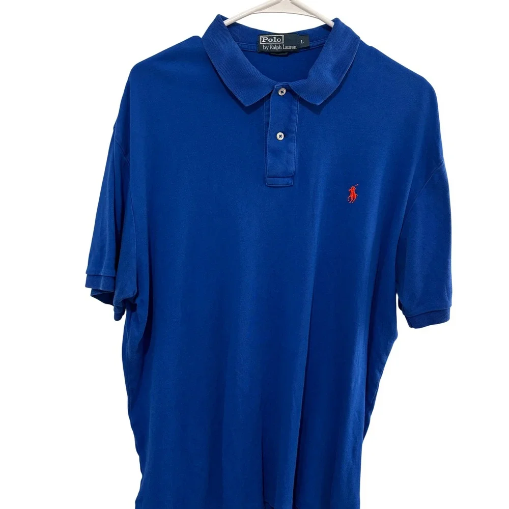 Polo Ralph Lauren Polo Shirt Mens L Blue Short Sleeve Orange Pony Logo Preppy