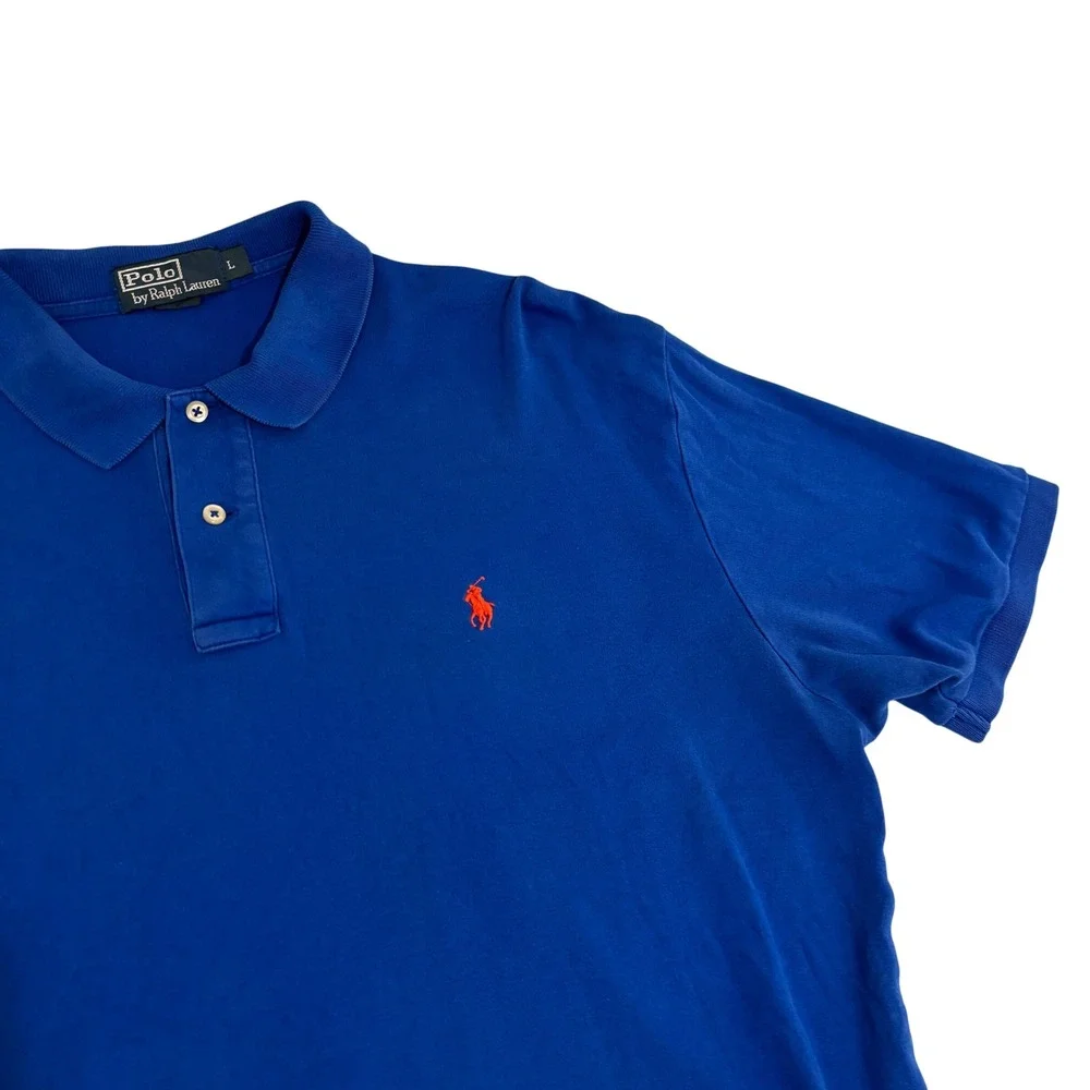 Polo Ralph Lauren Polo Shirt Mens L Blue Short Sleeve Orange Pony Logo Preppy