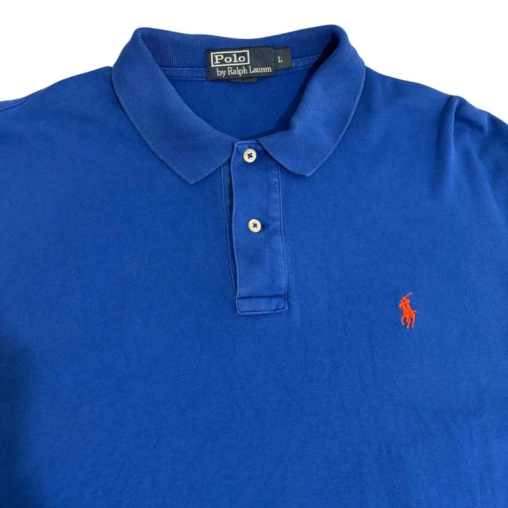 Polo Ralph Lauren Polo Shirt Mens L Blue Short Sleeve Orange Pony Logo Preppy