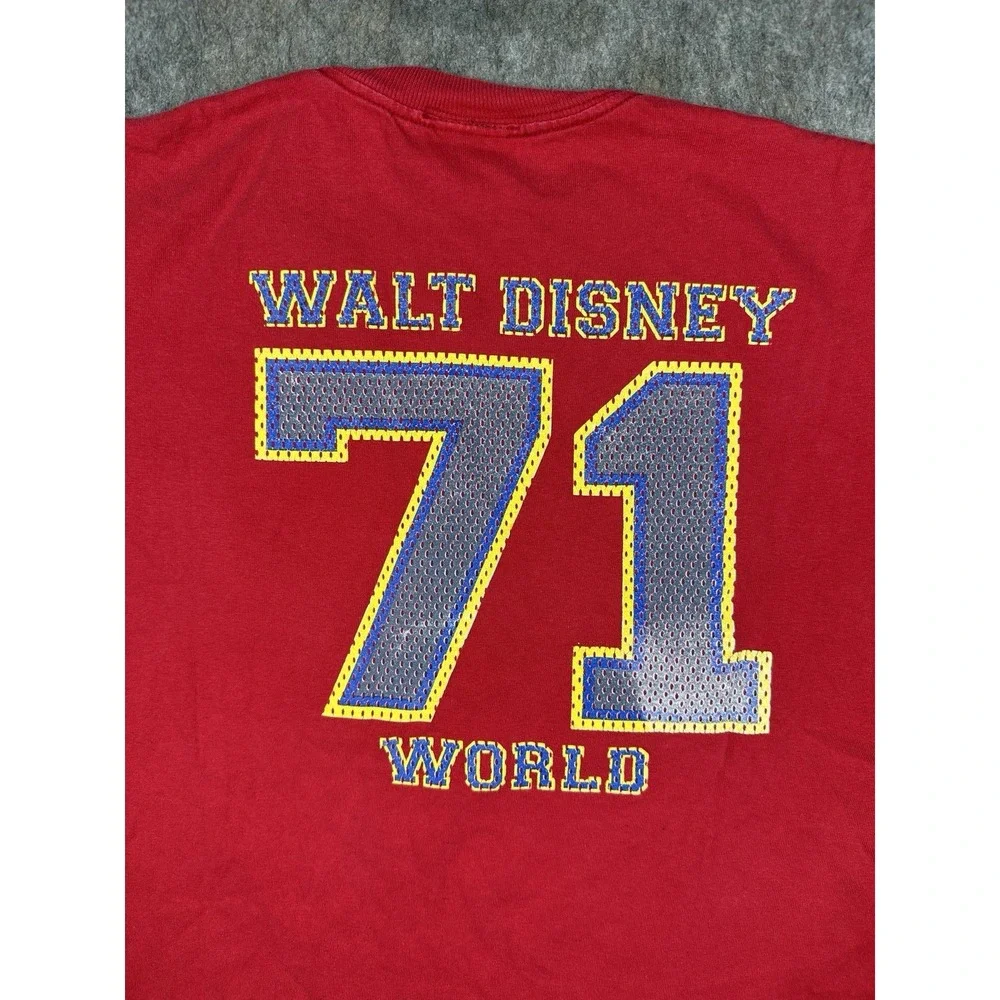 Vintage Walt Disney World 71 Football T Shirt Youth XL Mickey Goofy Donald Red