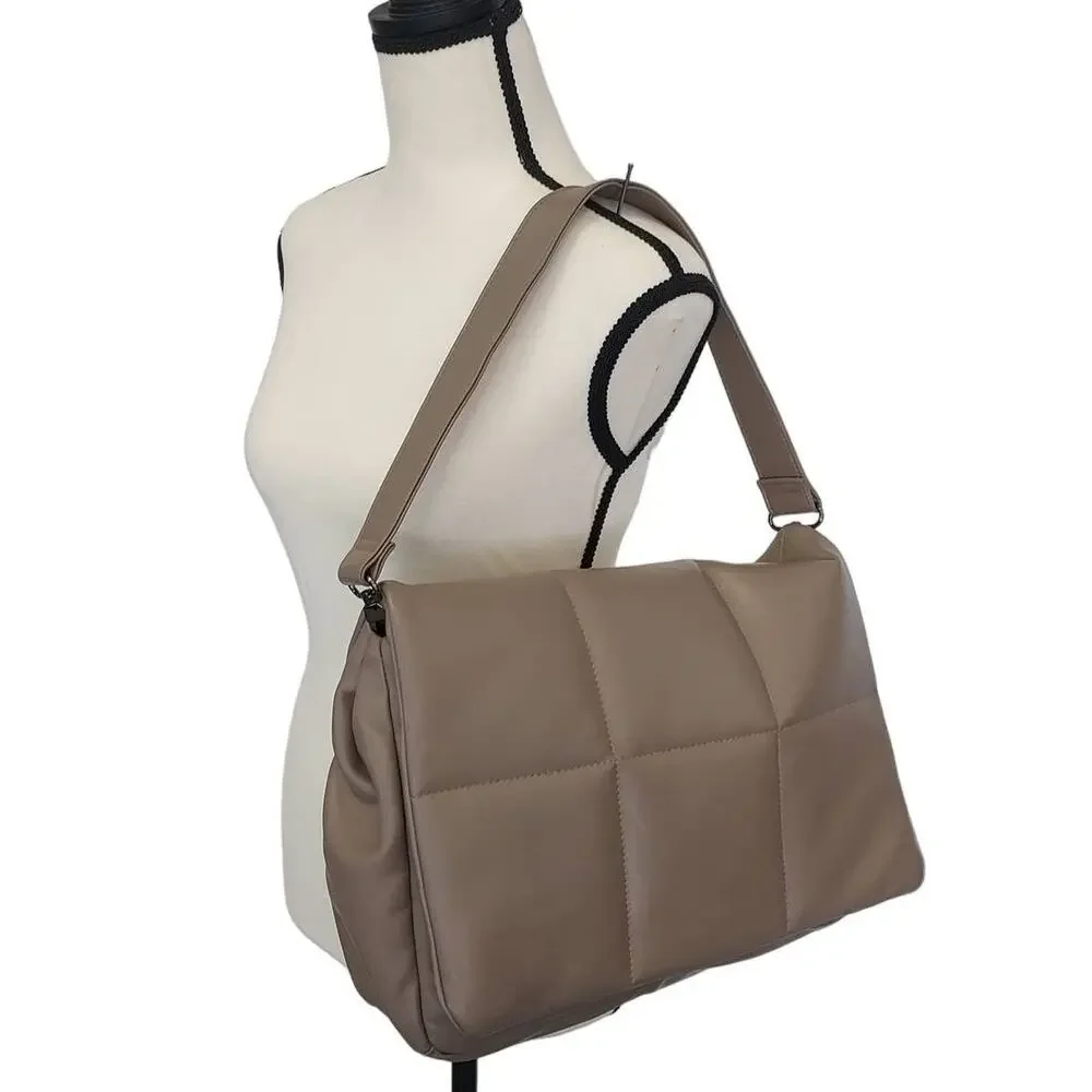 Sondra Roberts Squared Quilted Faux Vegan Taupe Leather Shoulder Clutch Purse