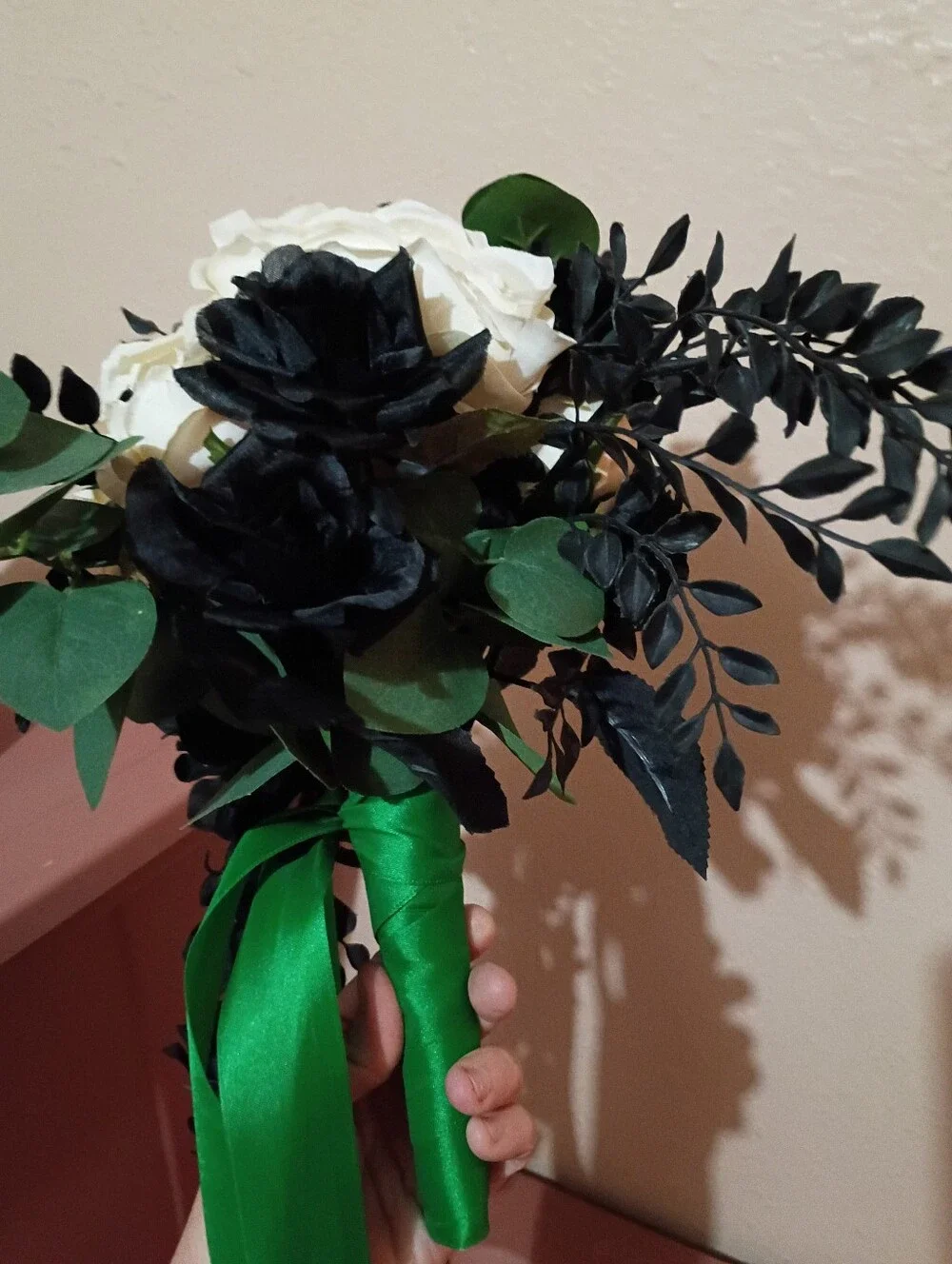 Ivory & Black Cascading Floral Bouquet with Green Ribbon