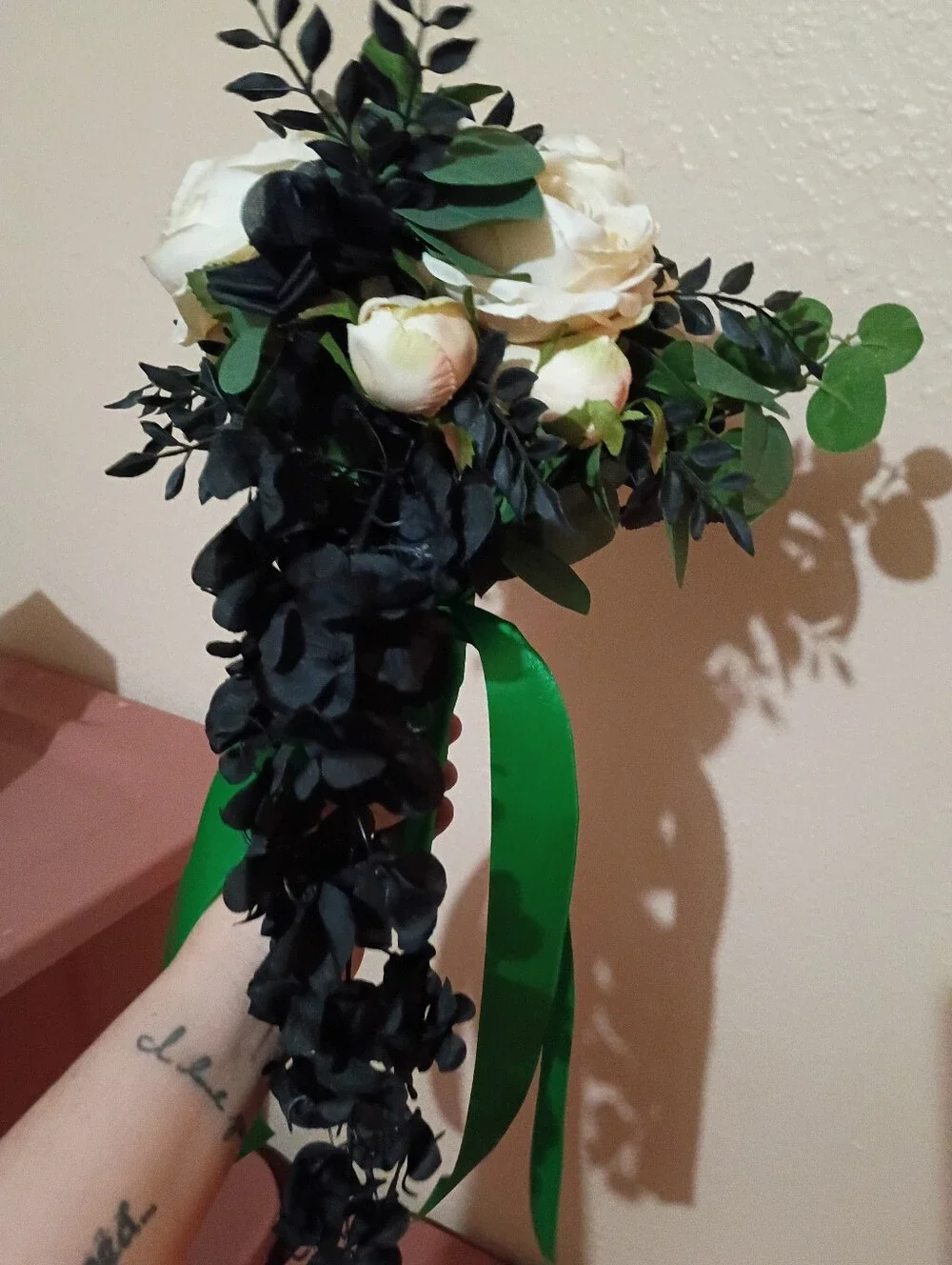 Ivory & Black Cascading Floral Bouquet with Green Ribbon