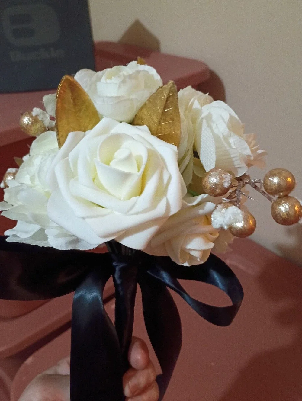 Elegant White Rose Bouquet with Black Satin Ribbon