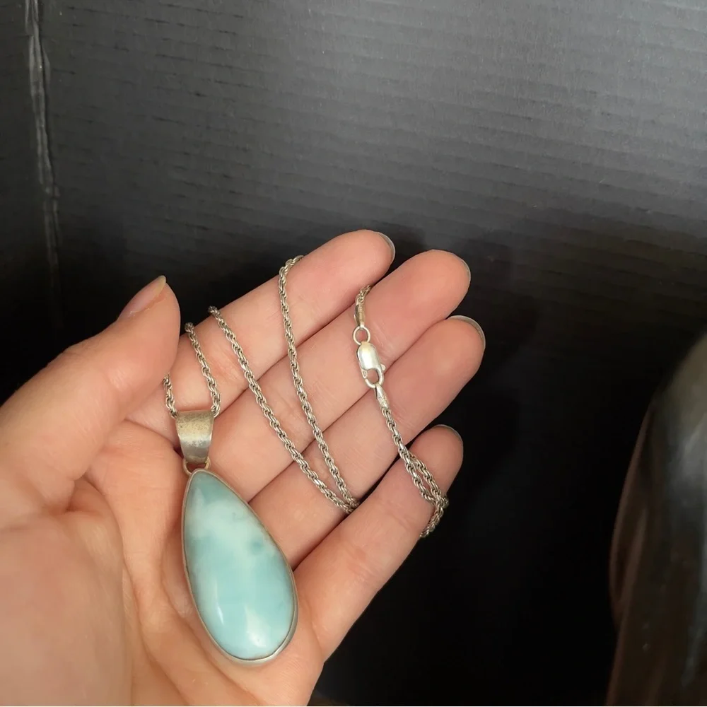 Very heavy Sterling silver larimar 20 inch necklace 2 inch pendant