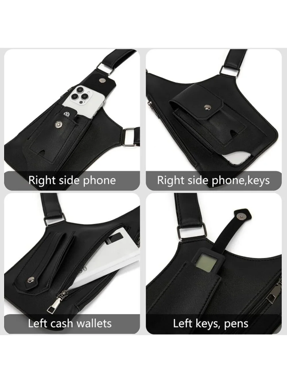 Mens Black Chest rig Underarm Anti Theft Adjustable Pocket Double Shoulder Strap