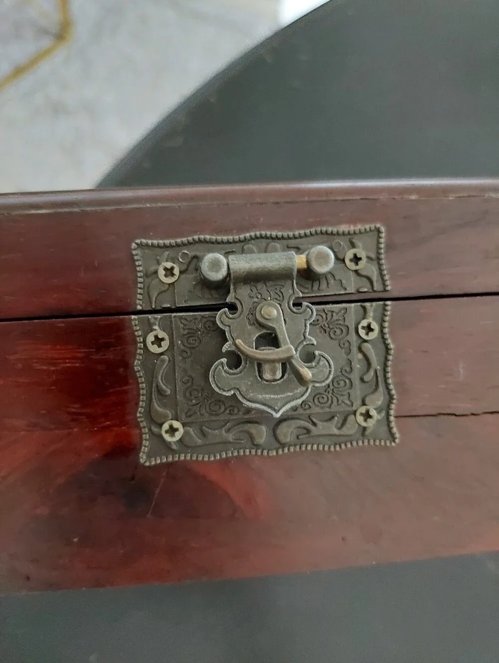 Carved Chinese Wooden Jewelry Box with Metal Latch - Dark Brown