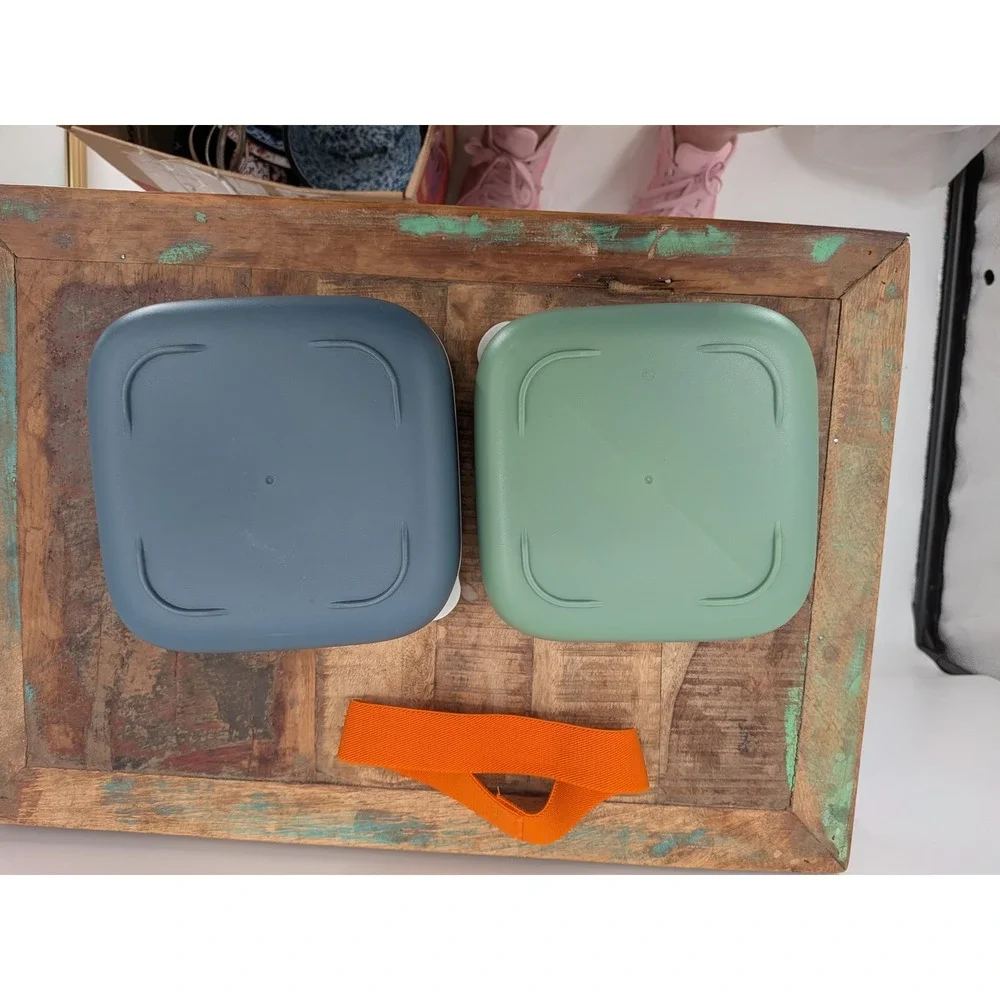 Pampered Chef Bento Lunch Box Set Blue Green Stackable Meal Prep with Strap