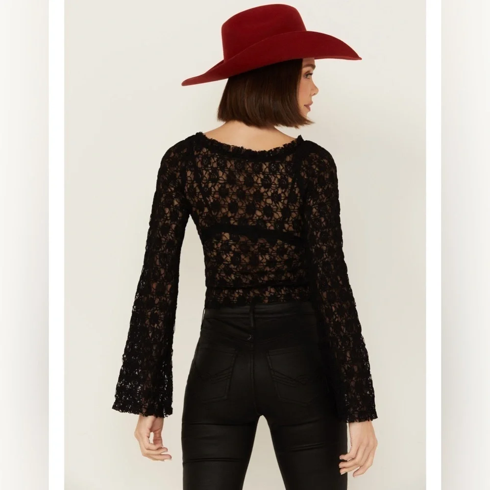 NWT Free People Madison Black Sheer Long Sleeve Top Size Small