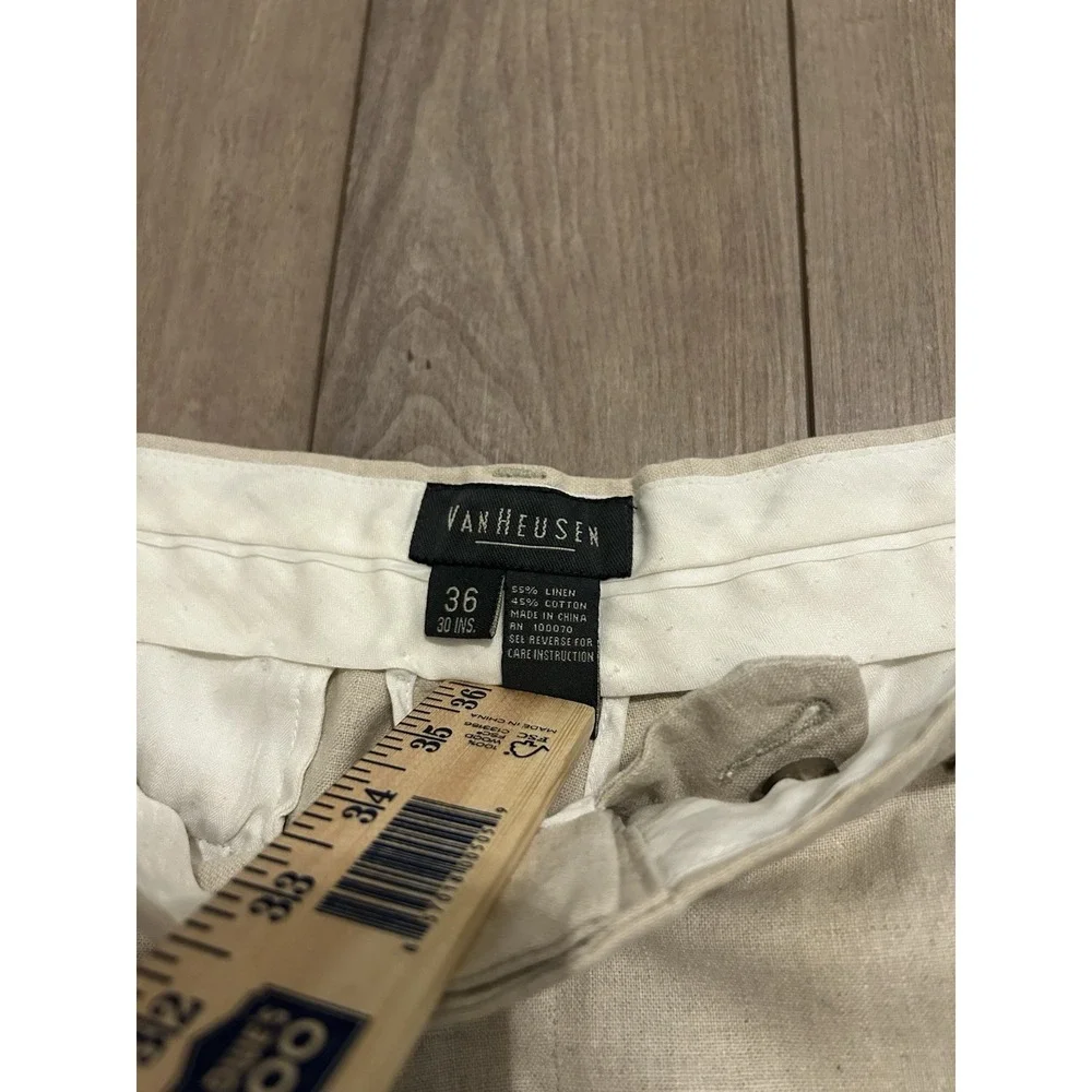 Van Heusen Men's Dress Pants 36x30 Beige Mid-Rise Pleated Cuffed Linen