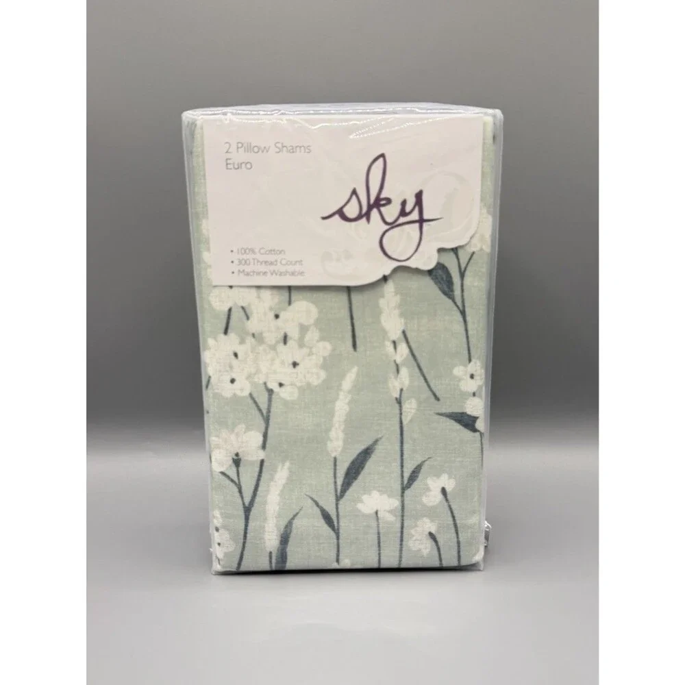 Sky 2 Euro Shams Field Flowers Sage Green 100% Cotton New