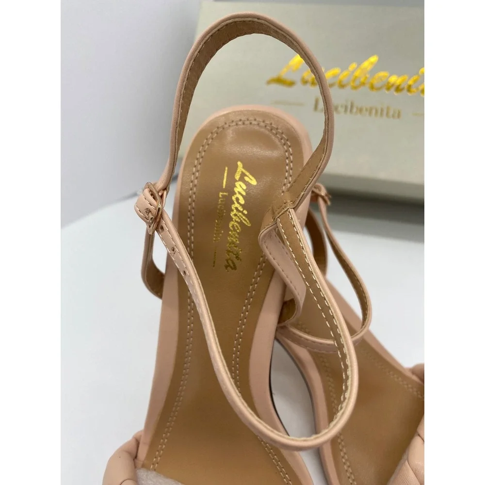 Lucibenita Nude Braided Square Toe Block Heel Sandals Ankle Strap Size 9.5 NEW