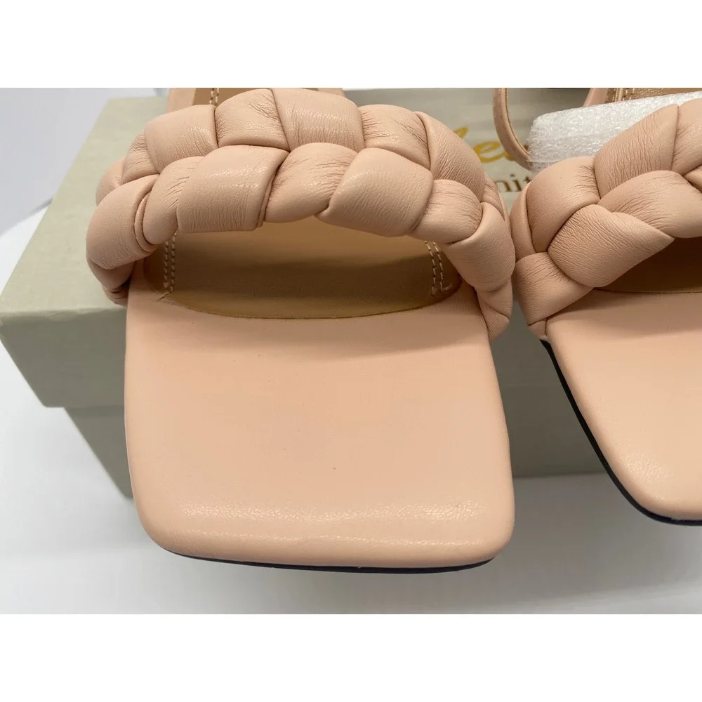 Lucibenita Nude Braided Square Toe Block Heel Sandals Ankle Strap Size 9.5 NEW