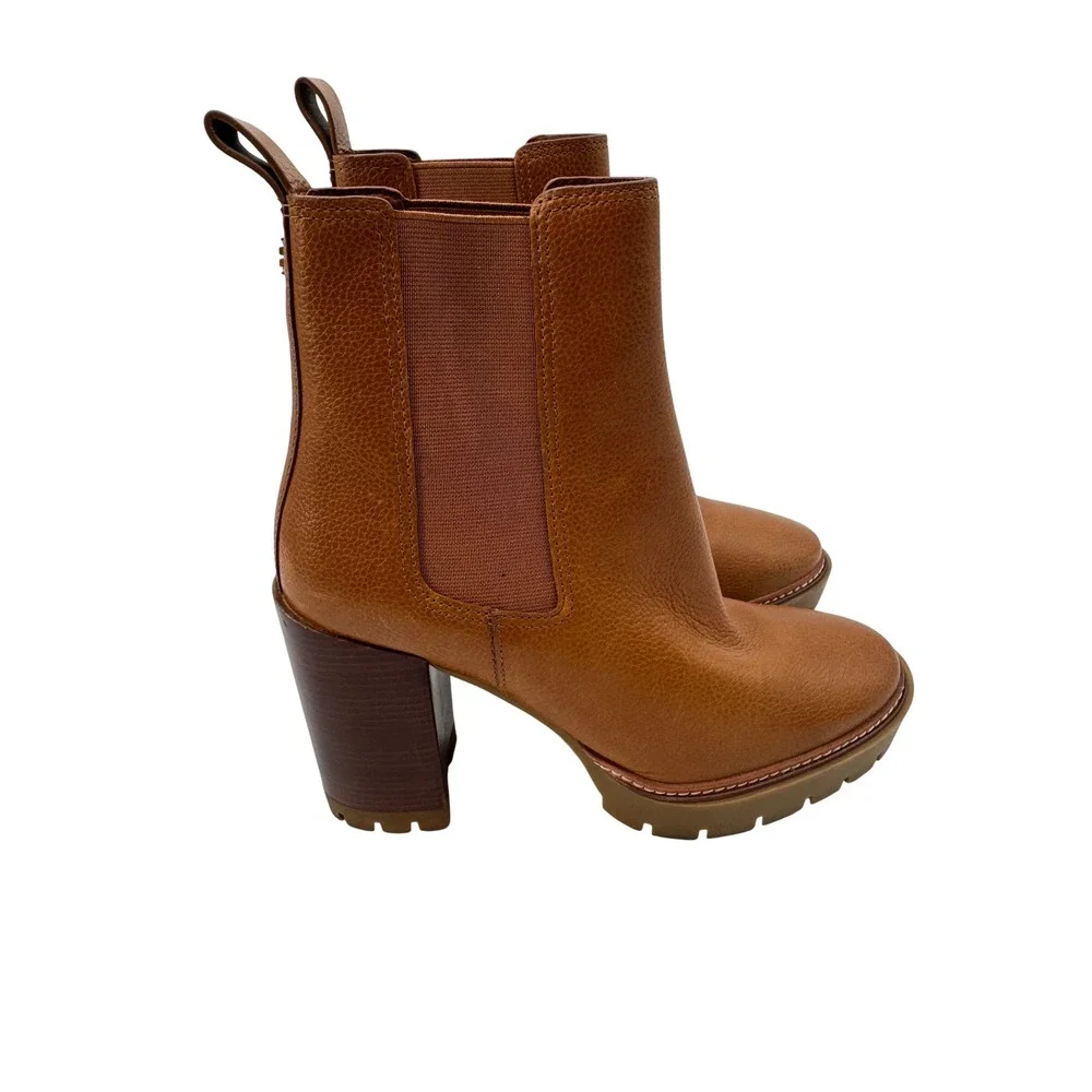 Tory Burch Booties Size 9M Brown Carson Leather Lug-Sole Chelsea Block Heel