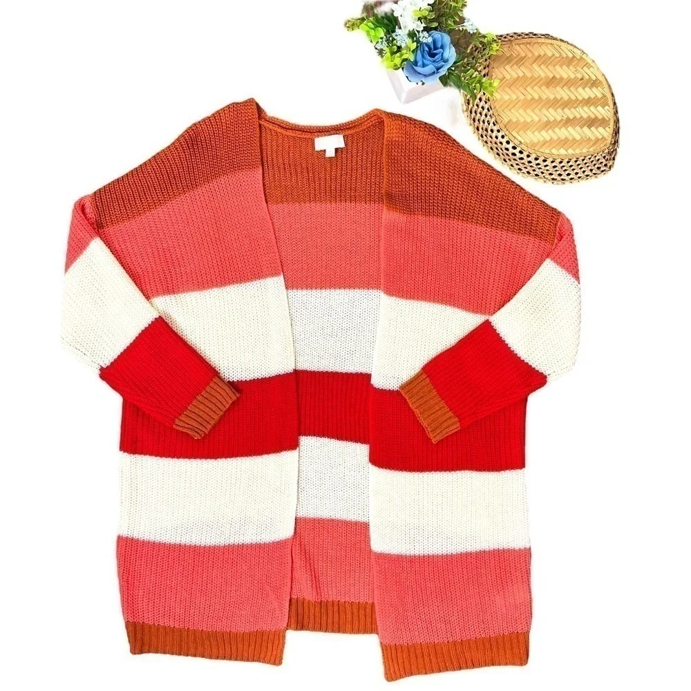 Pink Lily Boutique Colorblock Chunky Stripe Knitted Tunic Length Long Cardigan