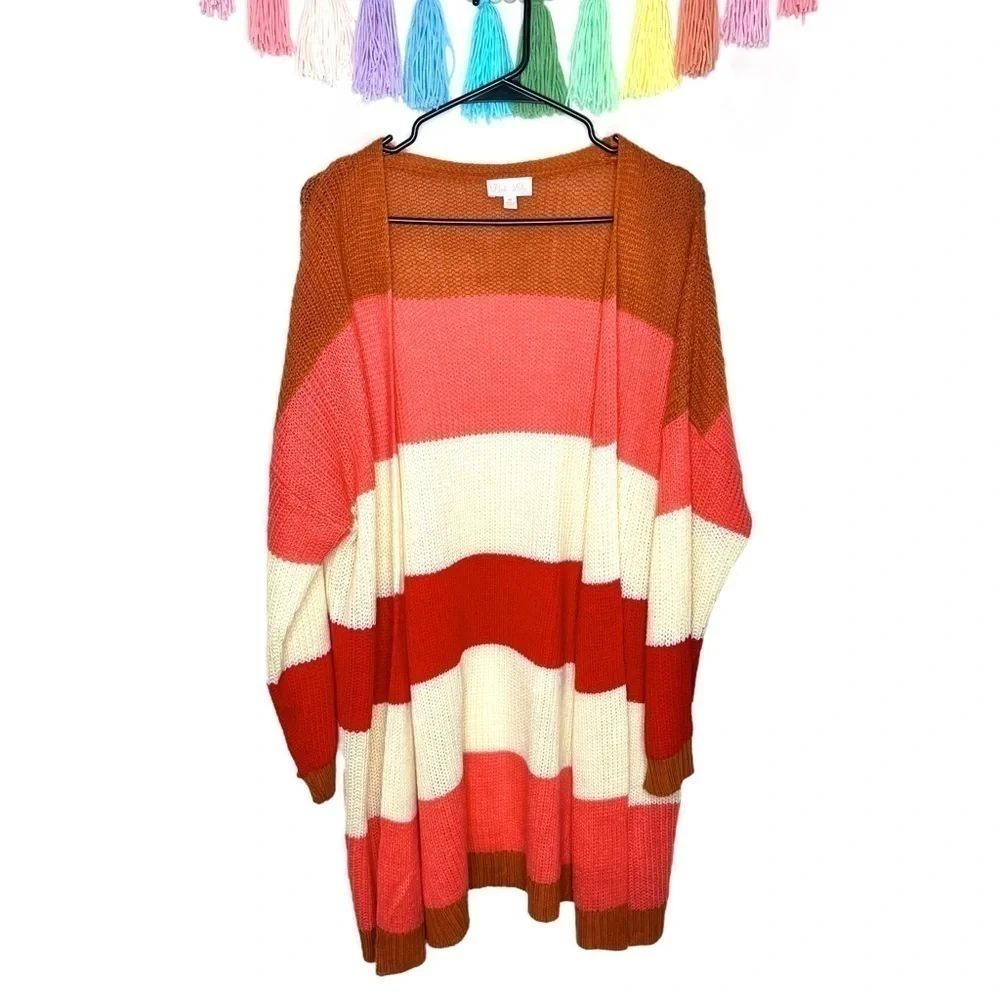 Pink Lily Boutique Colorblock Chunky Stripe Knitted Tunic Length Long Cardigan