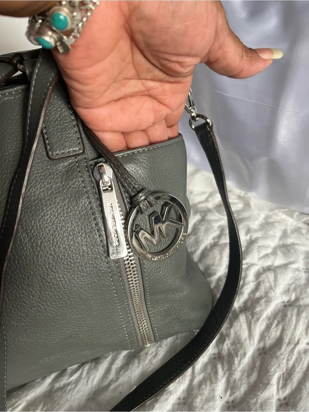Michael Kors Pebbled Leather Shoulder Tote in Dark Gray
