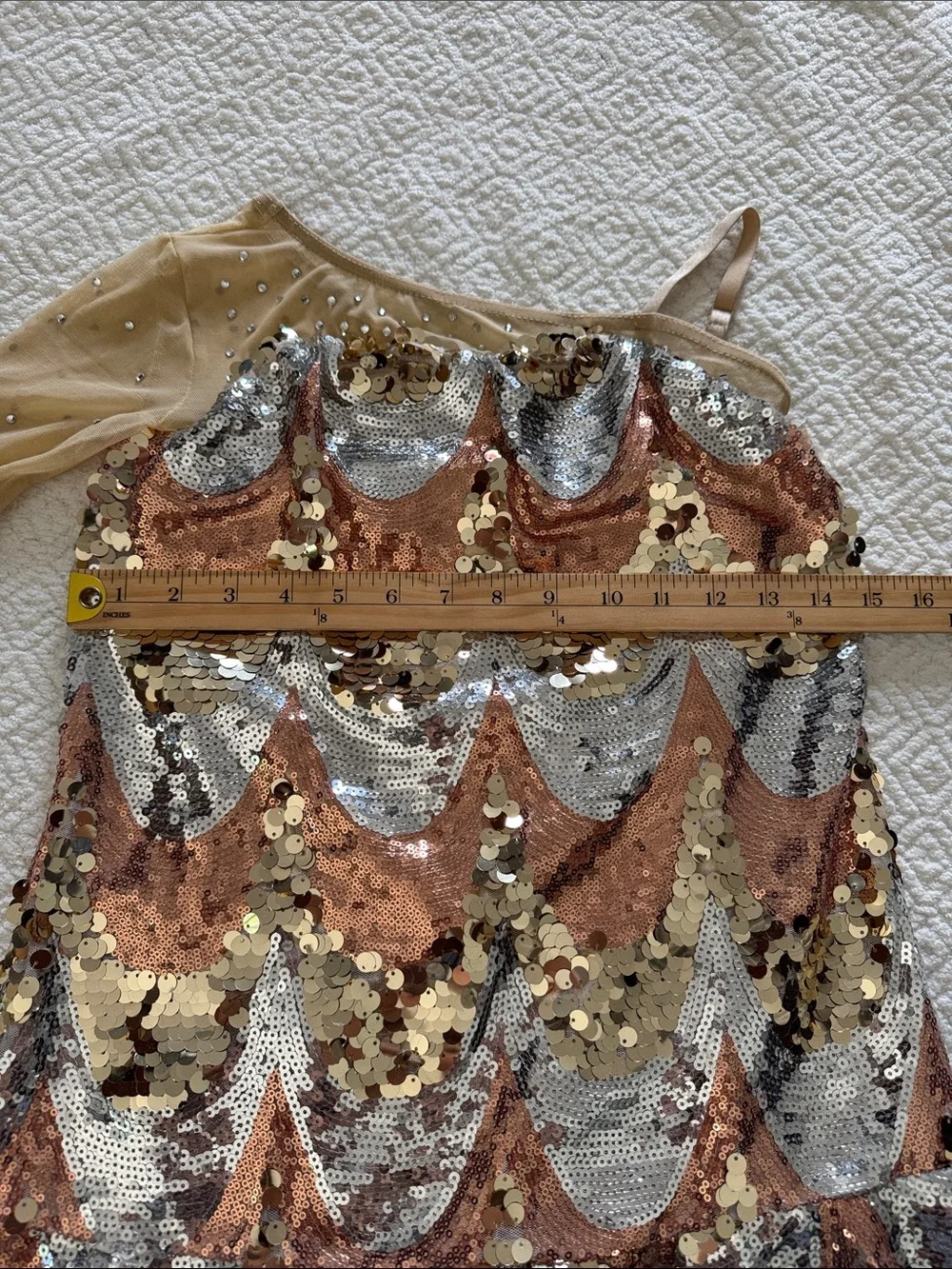 Weissman Sequin One-Shoulder Dance Dress in Gold and Silver
