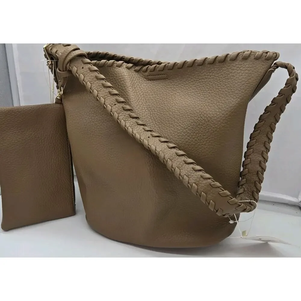 Isabelle Vegan Pebble Leather Brown Hobo Bag Braided Shoulder Strap NWT Wristlet