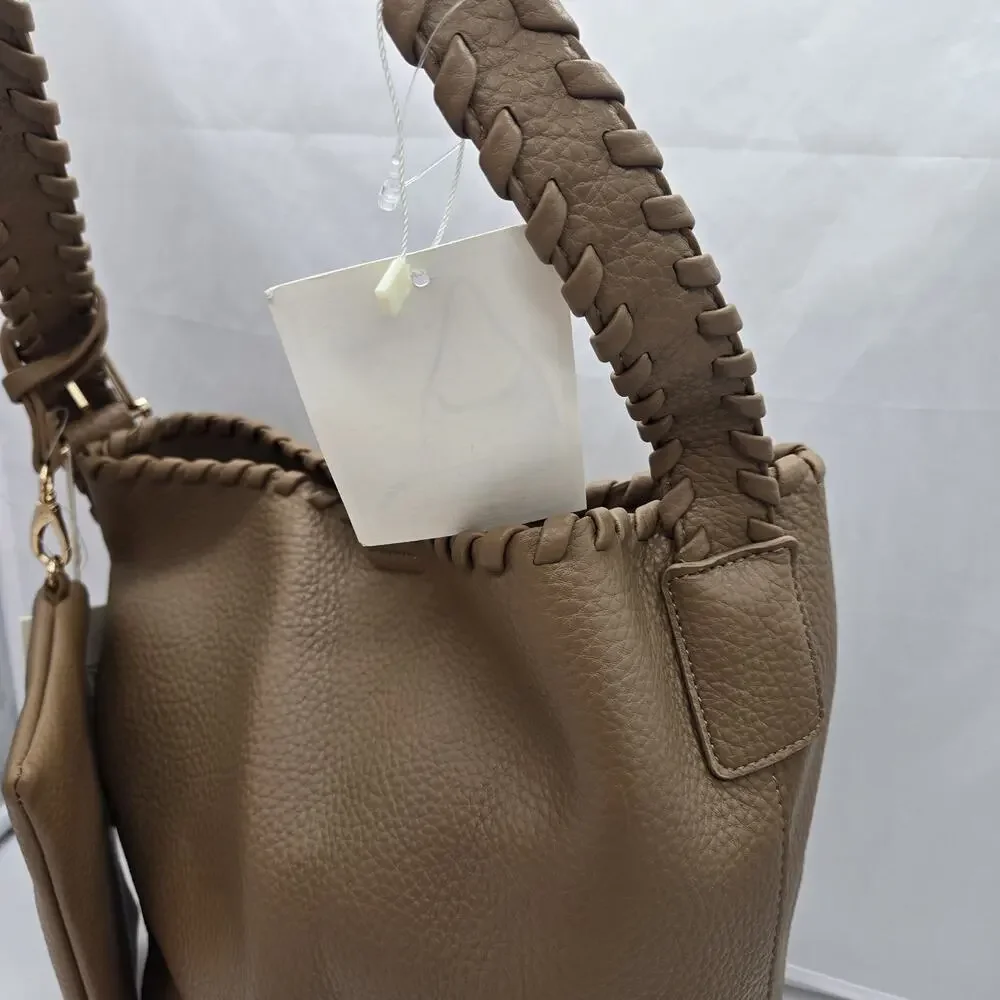 Isabelle Vegan Pebble Leather Brown Hobo Bag Braided Shoulder Strap NWT Wristlet