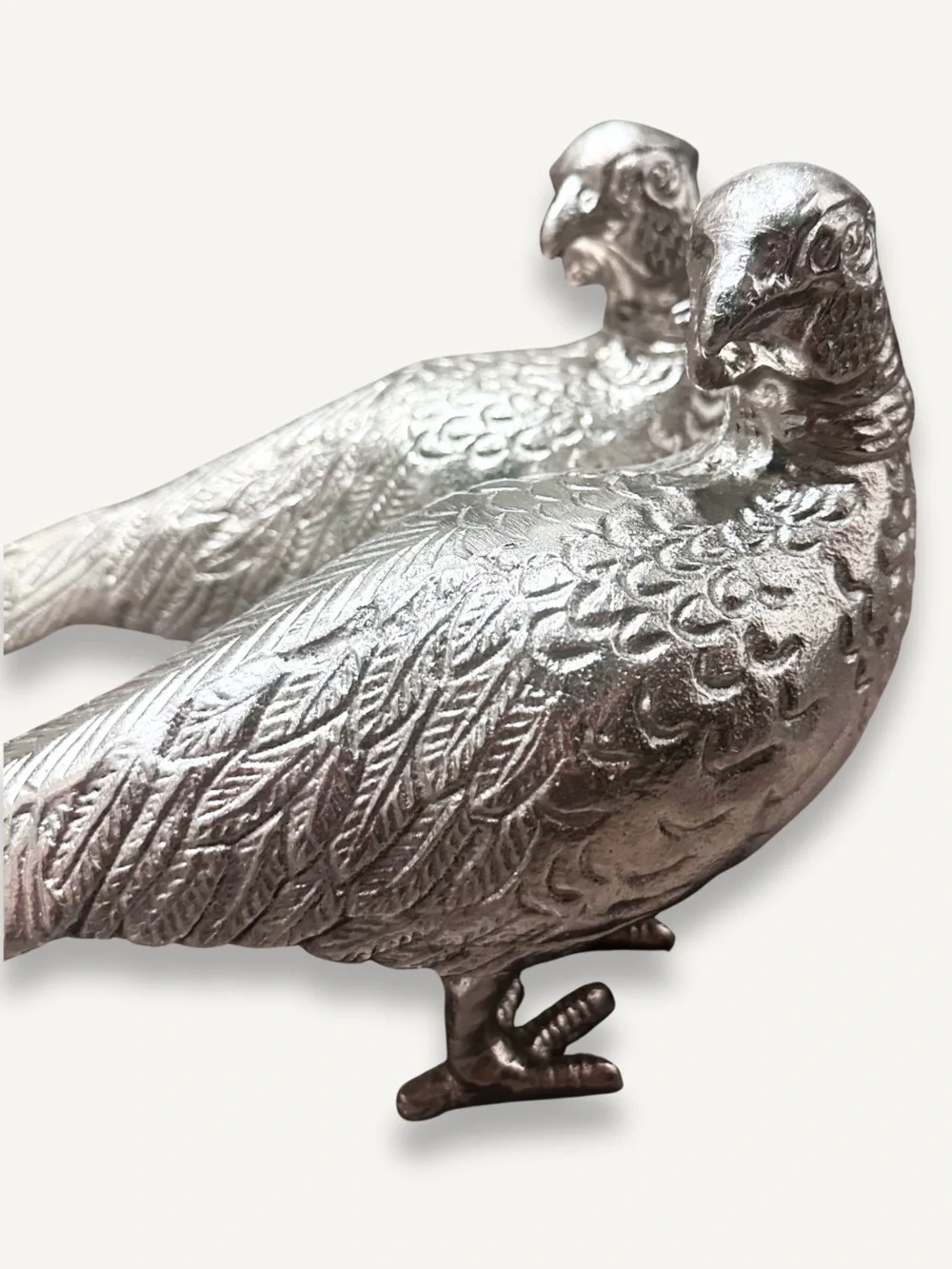 Two Silver Pheasant Bird Figurines
