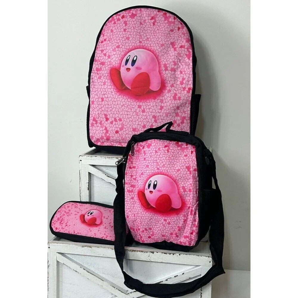 Kirby Cartoon Game Student School Backpack 3pc Set Insulated Lunch Bag Pen Bag