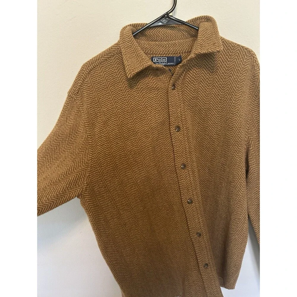 Rare Vintage Polo Ralph Lauren Men’s Button Down Herringbone Wool Shirt Size L