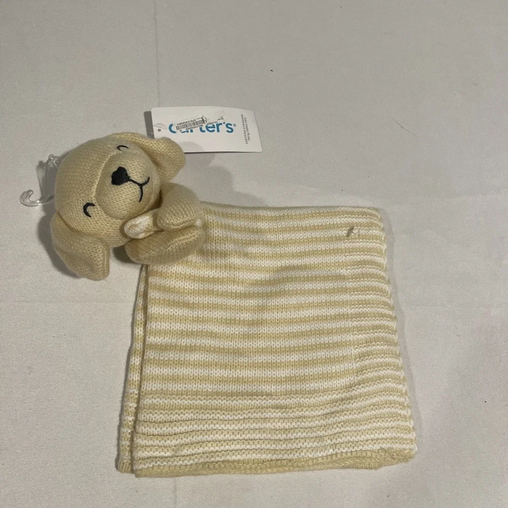 NEW Carters Knit Puppy Dog Security Blanket White &‎ Yellow Striped Baby Lovey