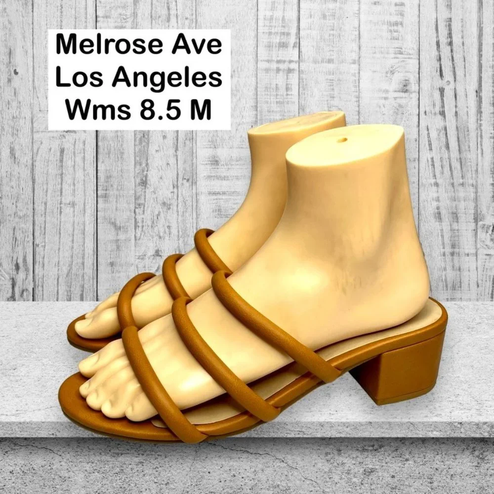 Melrose Ave Women's Tan Faux Leather Three‎ Strap Block Heel Sandals Size 8.5M