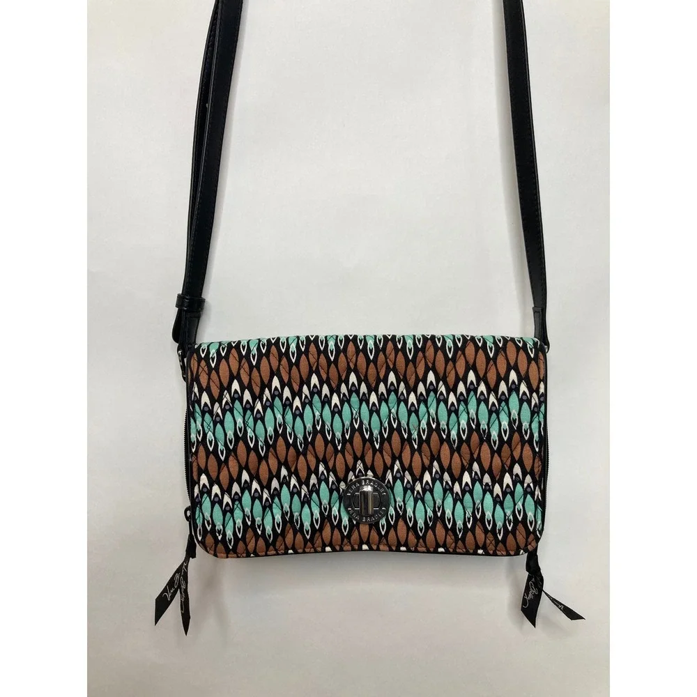 Vera Bradley All In‎ One Crossbody Wallet Ikat Diamonds Black Teal Quilted Bag