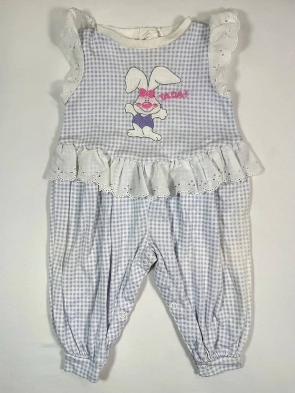 VINTAGE CARTERS Baby Girl 90s 12M Gingham Bunny Romper Eyelet‎ Lace Cottagecore