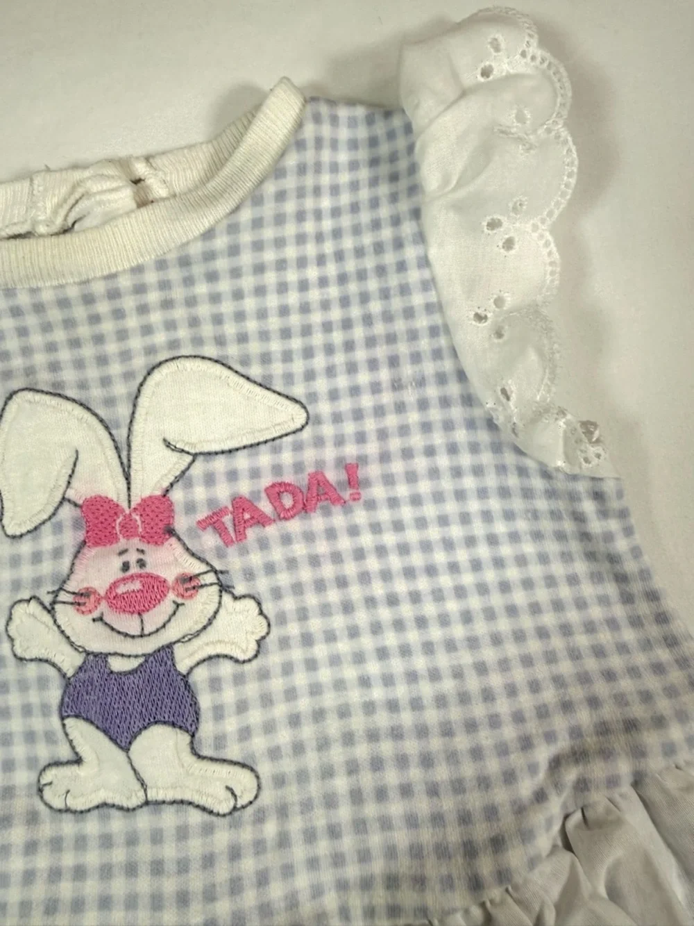VINTAGE CARTERS Baby Girl 90s 12M Gingham Bunny Romper Eyelet‎ Lace Cottagecore