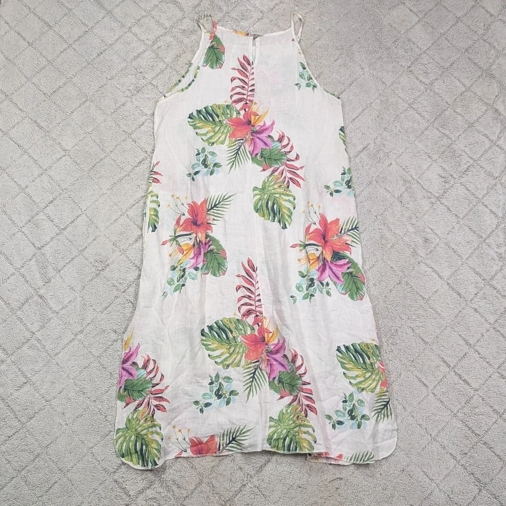 Lungo Larno Dress Dress Womens L White Floral Linen Beach Midi Sleeveless Coast