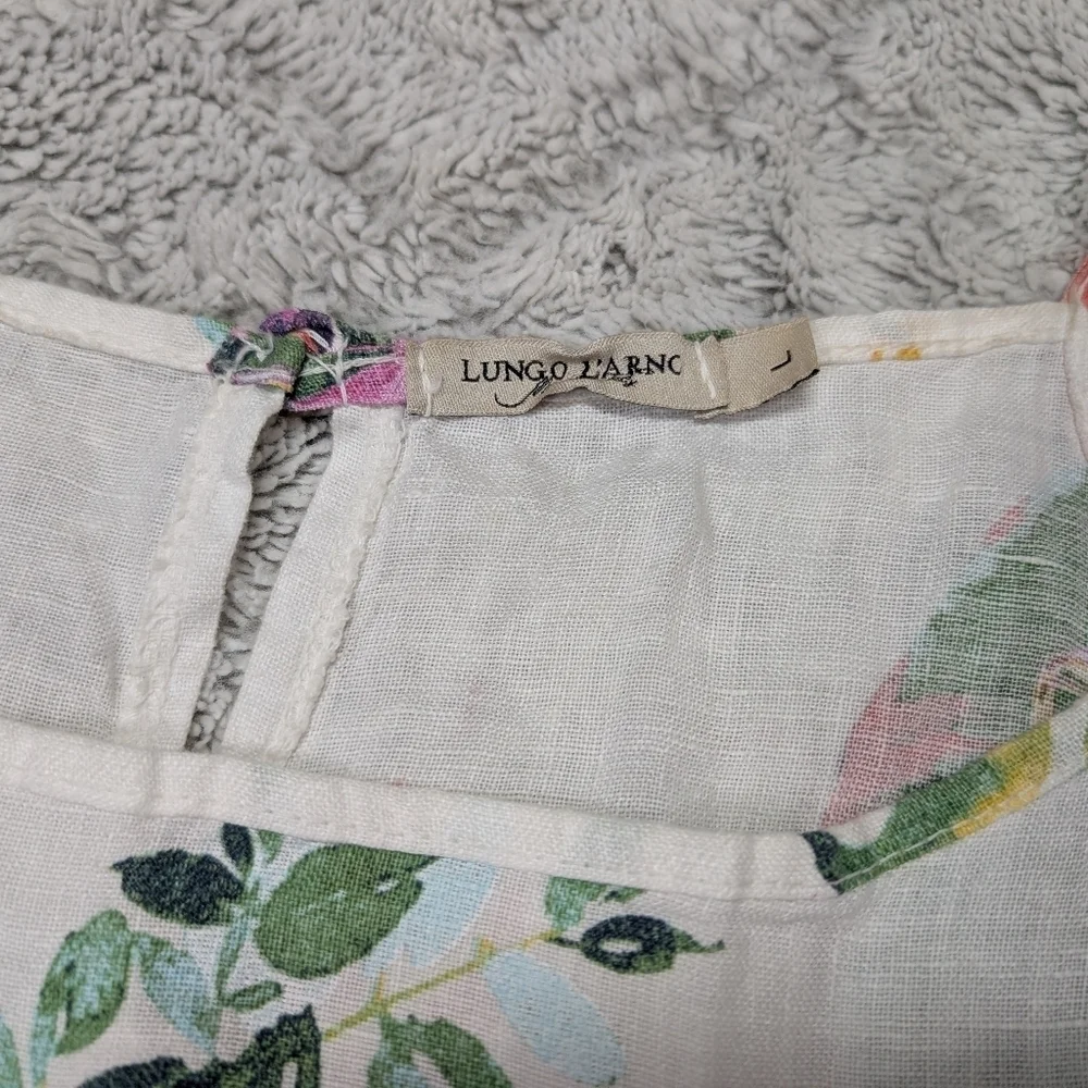 Lungo Larno Dress Dress Womens L White Floral Linen Beach Midi Sleeveless Coast