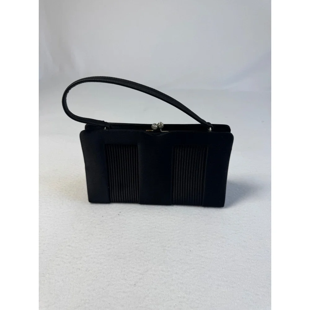 Vintage Franchi Womens Sm Evening Bag Black Satin Pleated Rhinestone Kiss Lock