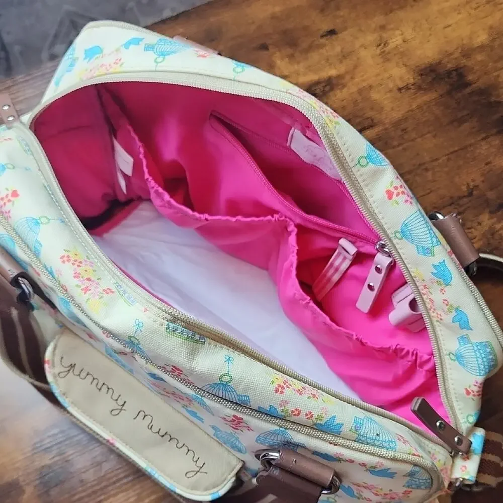 PINK LINING |‎ Yummy Mummy Cream and Brown Floral Blue Birds Baby Diaper Bag