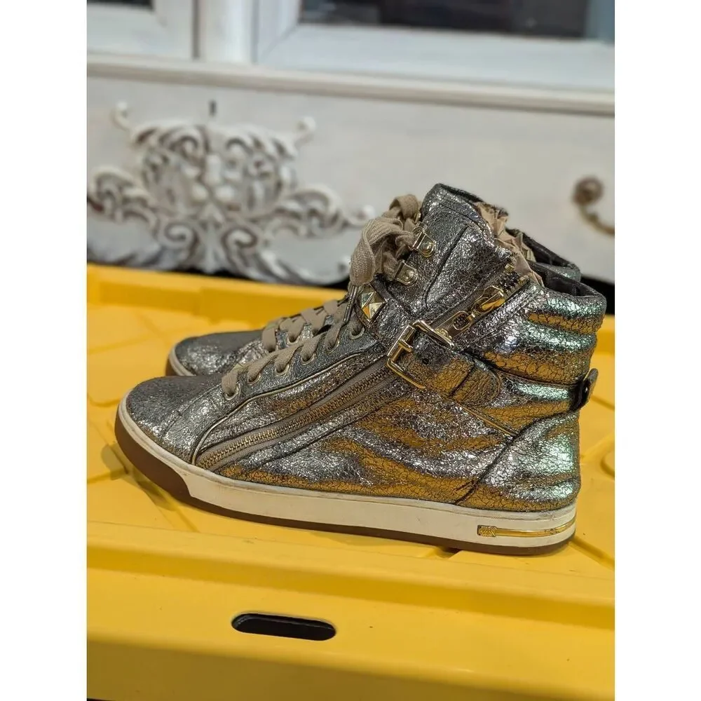 Michael Michael Kors Glam Studded Gold Crackle High-Top Sneakers 9.5 Festival