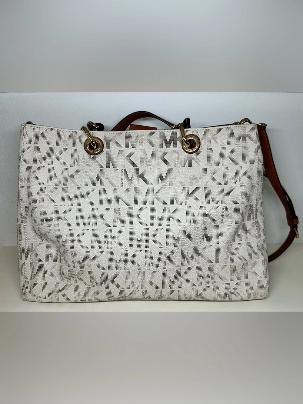 Michael Kors Cream Signature MK Logo Tote with Brown Leather Trim