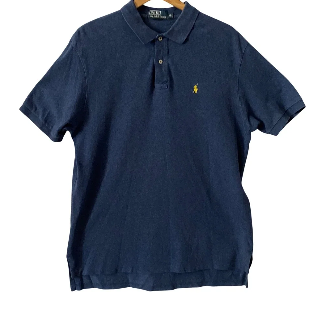 Polo Ralph Lauren Mens XL Navy Blue Short Sleeve Pique Polo Yellow Pony Logo