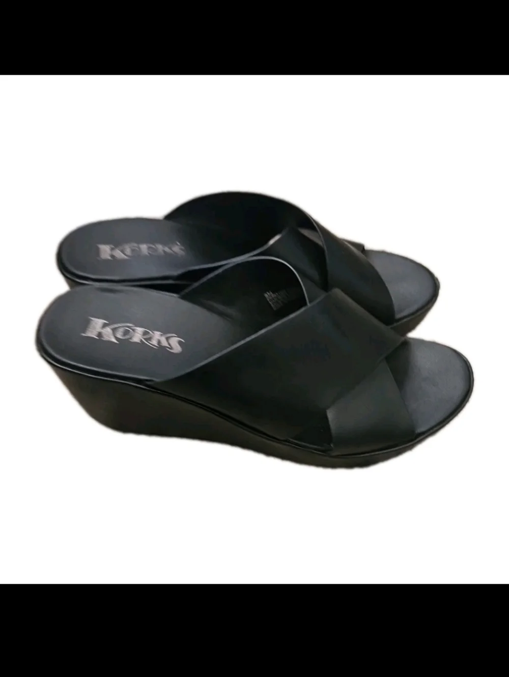 Korks Womens Black Leather Madera Wedge Cross Over Comfort Sandal 8
