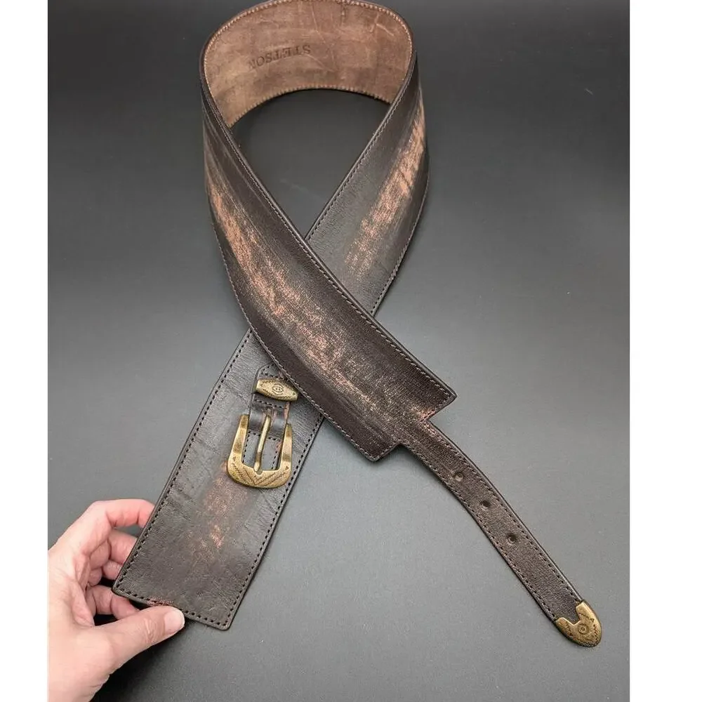 Wide Stetson Belt Womens L Brown Distressed Full Grain Leather Western Rodeo