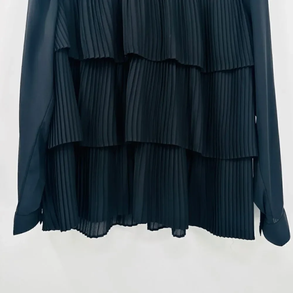 J. Jill Size Large Black Long Sleeve Pleated Tiered Ruffle Blouse Top