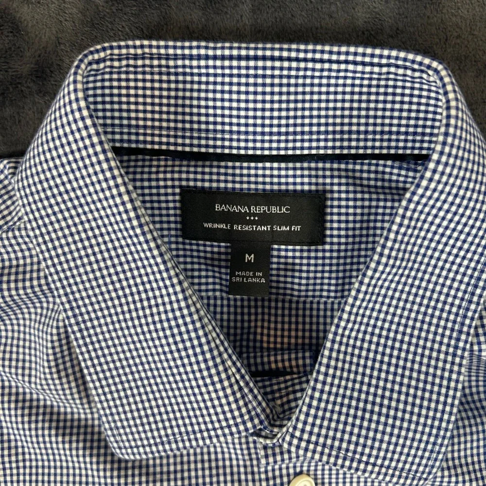 Banana Republic Button Down Mens M Blue Gingham Wrinkle Resistant Slim Fit