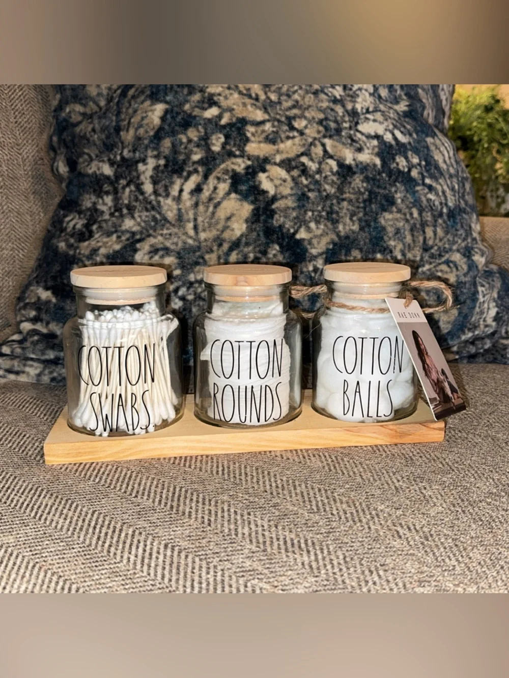 Rae Dunn Bathroom Set Cotton Swabs/Rounds/Balls Glass Jars/Wood Tray