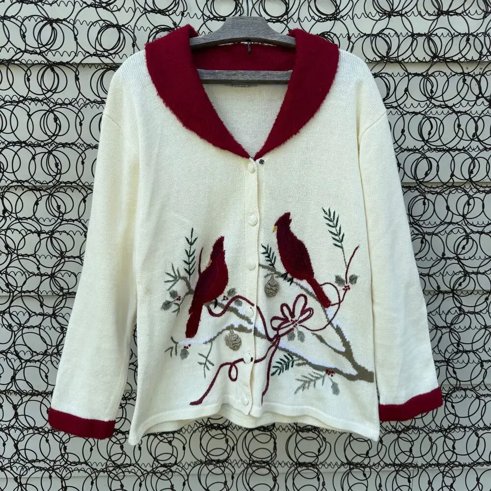 Vintage 90s JTWO Christmas Cardinals Winter Cardigan Sweater Red Collar LARGE