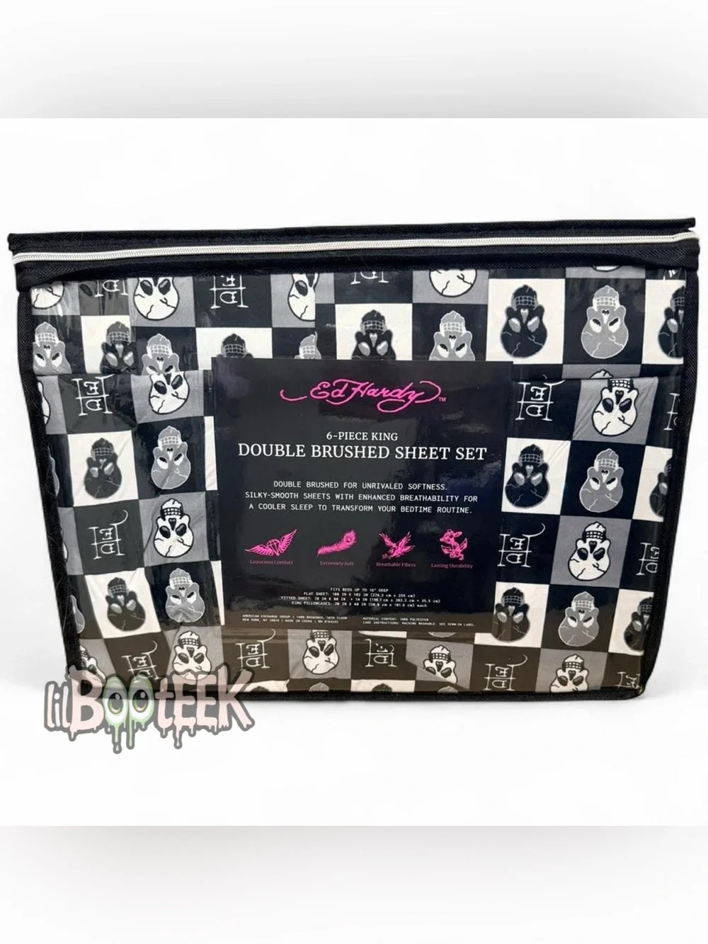 Ed Hardy 6 Piece KING Black & White Checkerboard Skull Sheet Set NEW VIRAL Y2K