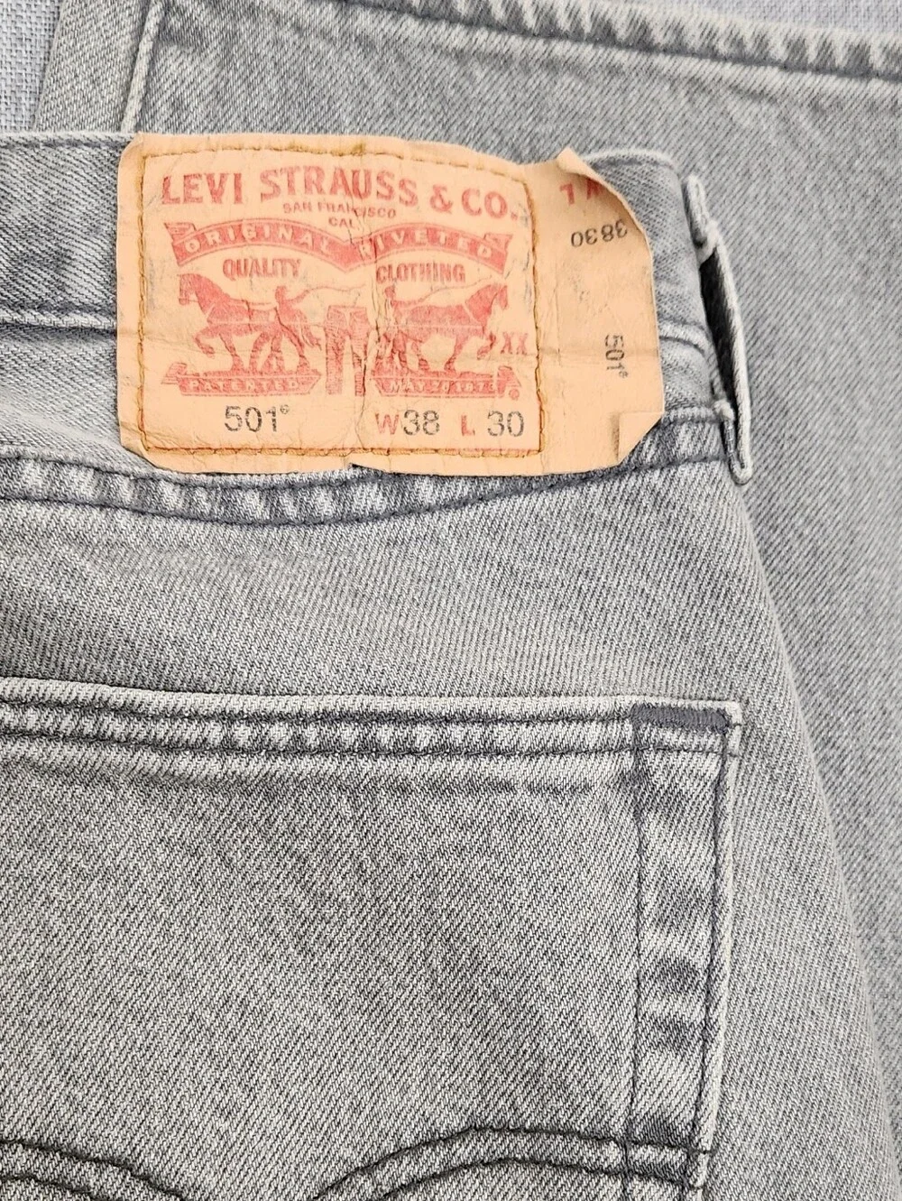 Levi's 501 Button Fly Grey Denim Jeans. 38 × 30