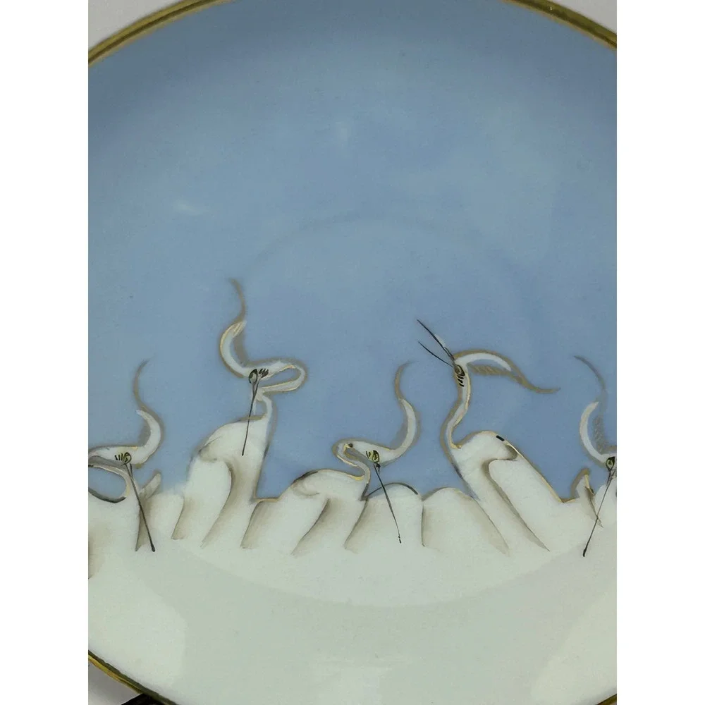 Mitsu-Boshi Japan Porcelain Saucer Blue White Egrets Herons‎ Gold Trim Set of 4