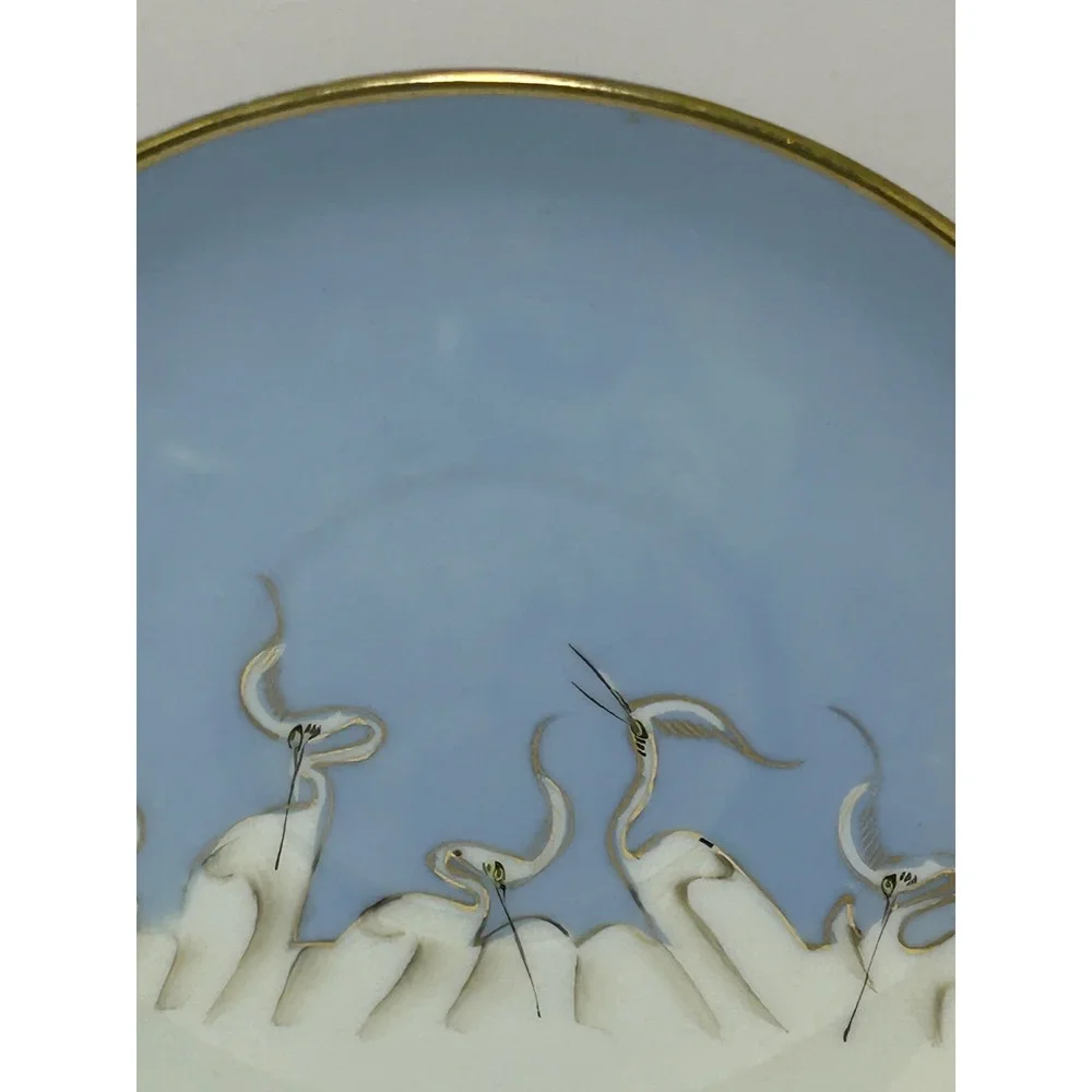Mitsu-Boshi Japan Porcelain Saucer Blue White Egrets Herons‎ Gold Trim Set of 4