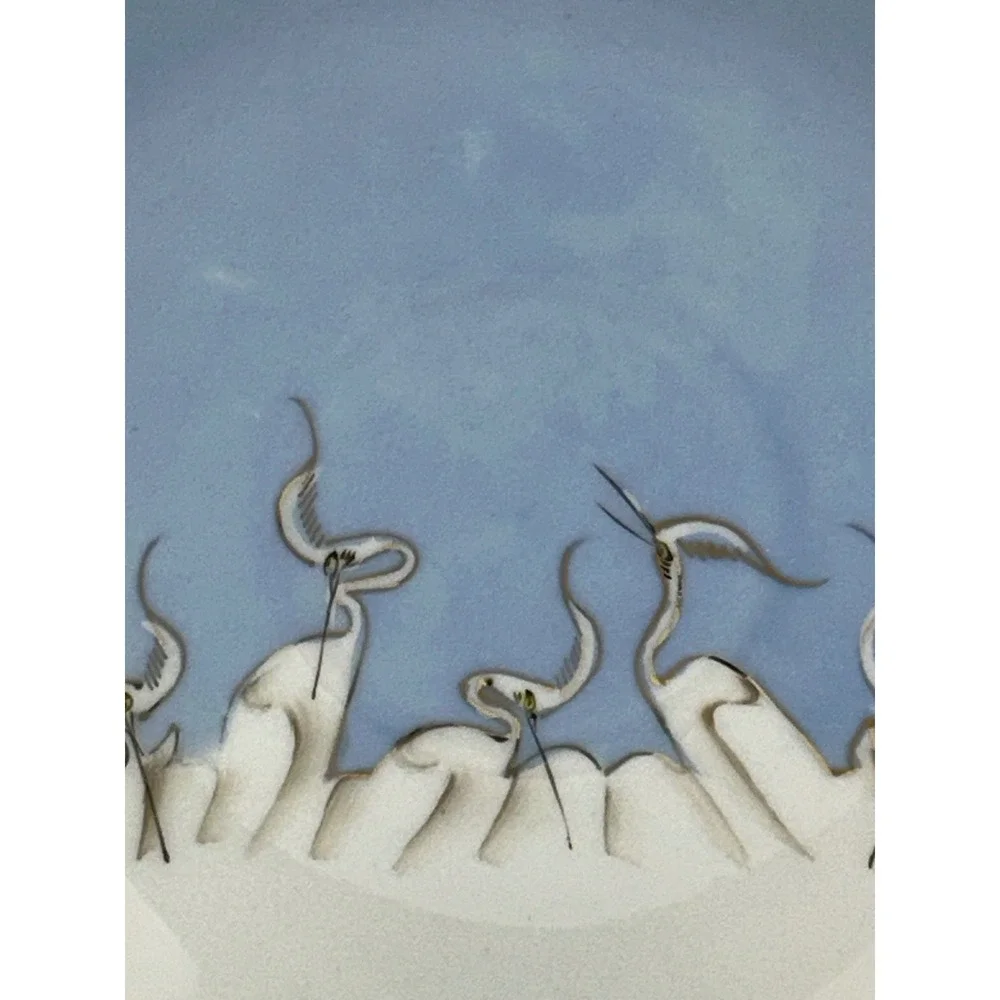 Mitsu-Boshi Japan Porcelain Saucer Blue White Egrets Herons‎ Gold Trim Set of 4